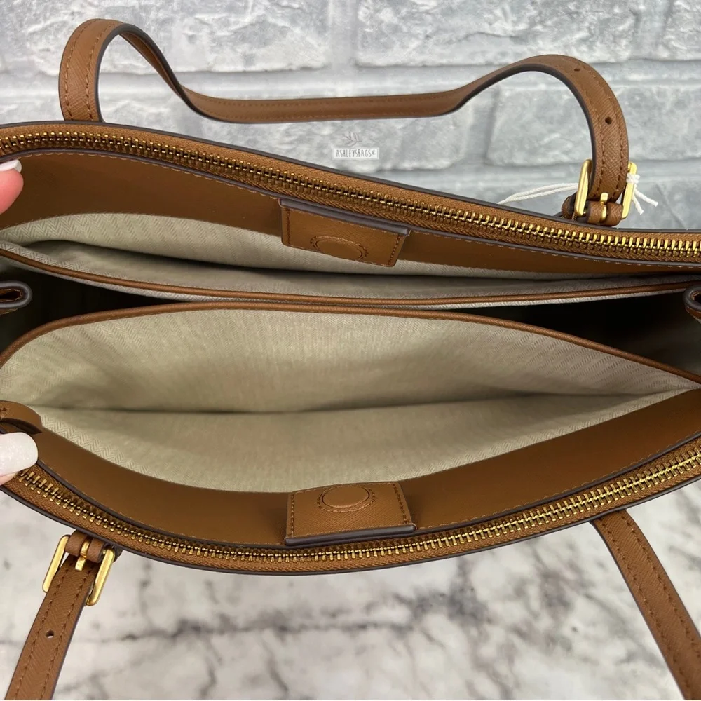 Tory Burch Emerson Large Double Zip Tote & Emerson Slim Wallet In Moose Brown - Picture 11 of 16